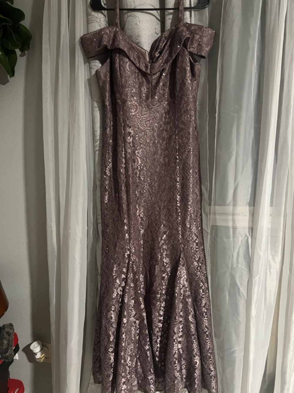 R&M Richards Dusty Mauve Lace Strapless Evening Gown